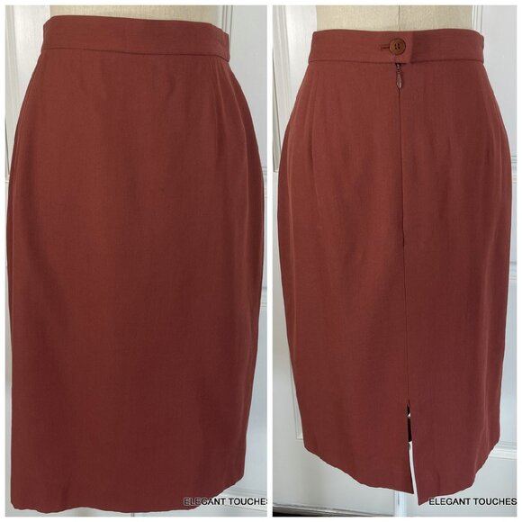Vintage Louis Feraud Pencil Skirt S / M Wool Red Rust Midi Straight '90s Office - Picture 2 of 9
